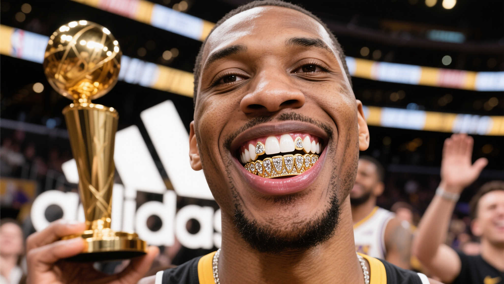 阿迪达斯发布总冠军牙套:杰威专属黄金镶钻设计 在时尚与体育完美结合的时代背景下,运动品牌正不断创